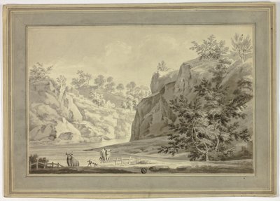 Flodlandskap med kor och hund i förgrunden av Unknown artist