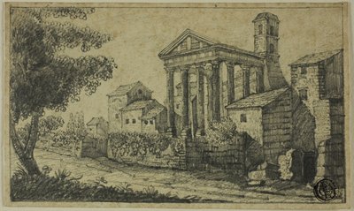 Flodlandskap med romerskt tempel av Unknown artist