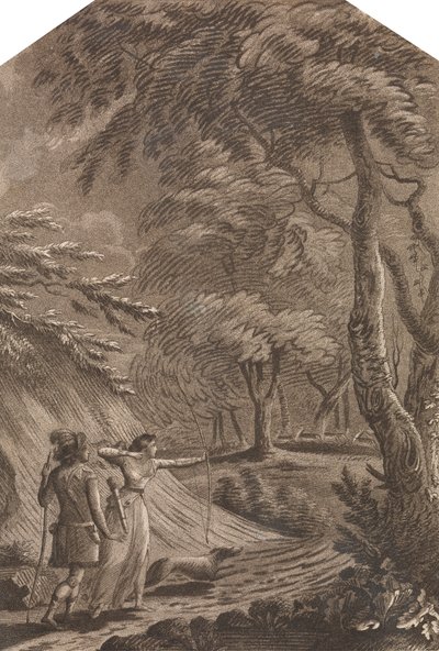 Robin Hood och Clarinda jagar rådjur i ett skogslandskap av Unknown artist