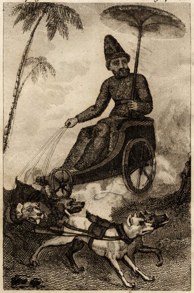 Robinson Crusoe på sin vagnträning av sex doger, gravyr insatt i "Les aventures de Robinson Crusoe" av Daniel Defoe av Unknown artist