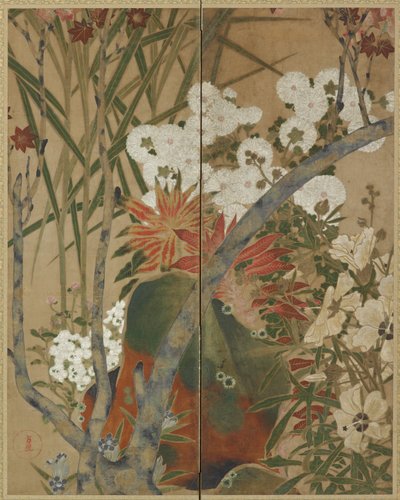 Sten, plantor och höstblommor av Unknown artist