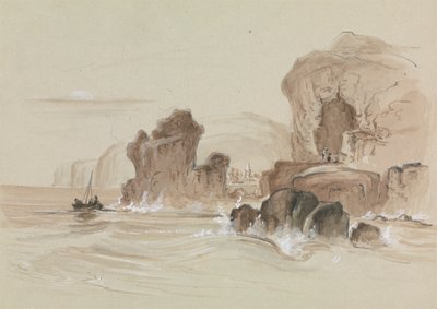 Stenig kustlinje med liten fiskebåt av Unknown artist
