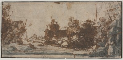 Rocky Inlet med båtar och byggnader (recto) av Unknown artist