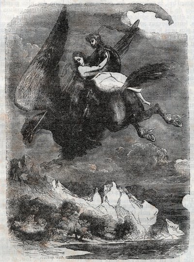Roger (Ruggero, Ruggiero) och Angelique (Angelica) på flodhästen - gravyr från 1851 från "" Roland furieux"" (1500-talet) av Ludovico Ariosto, känd som Ariosto - Upplaga översatt från italienska av greven av Tressan och publicera av Unknown artist