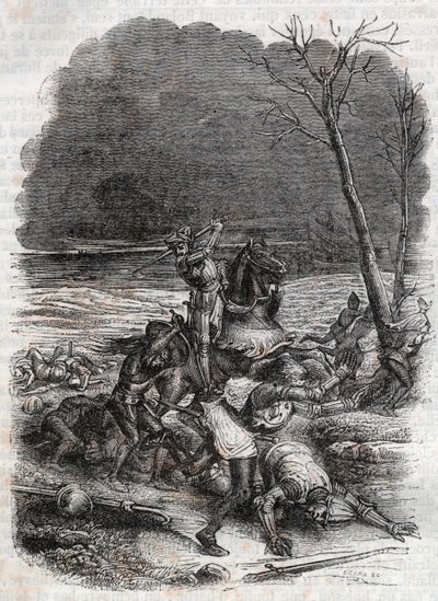 Roland massakerar folket i Cymosque - gravyr från 1851 från "" Furious Roland"" av Unknown artist