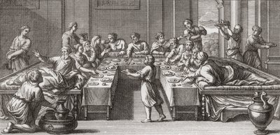 Romersk triclinium, eller matsal, med bord och soffor av Unknown artist