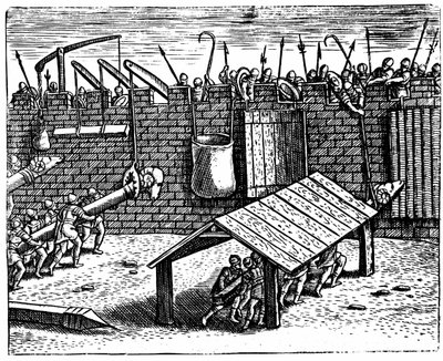 Romersk krigföring. Försvarare som försöker oskadliggöra murbräckor av Unknown artist