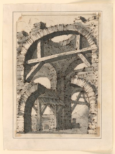 Grova stenbågar förstärkta av träbjälkar av Unknown artist