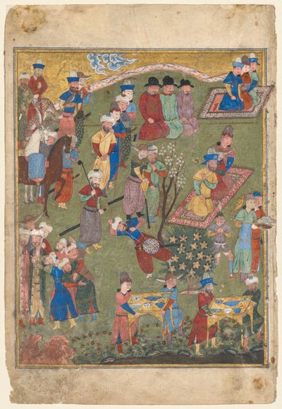 Kunglig mottagning i ett landskap, vänster folio från den dubbla frontispicen på en Shahnama (Kungarnas bok) av Firdausi (persiska, cirka 940–1019 eller 1025) av Unknown artist