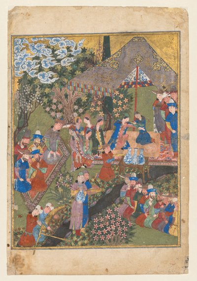 Kunglig mottagning i ett landskap, höger folio från den dubbla frontispicen på en Shahnama (Kungarnas bok) av Firdausi (persiska, cirka 940–1019 eller 1025) (verso) av Unknown artist