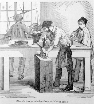 Royal Tobacco Manufacture: påsen med tobak. 1800-talsgravyr. av Unknown artist