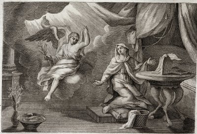 Royaumont Bibeln, Nya testamentet: Jungfruns bebådelse. Ärkeängeln Gabriel har kommit för att överlämna ett budskap till Maria. Illustration från 1811. av Unknown artist