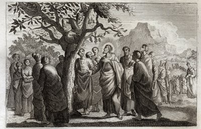 Royaumont Bibeln, Nya testamentet: Omvändelse av Zachee. Jesus Kristus talar med Zachee och sitter på platanen. Illustration från 1811. av Unknown artist