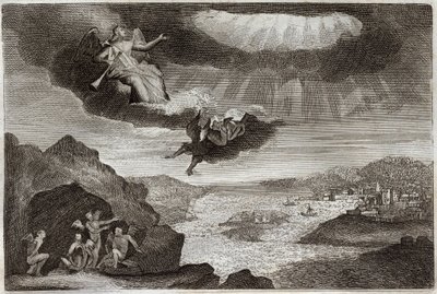Royaumont Bibeln, Nya testamentet: Uppenbarelsebokens femte och sjätte trumpet. Gräshoppor och de fyra änglarna. Illustration från 1811. av Unknown artist