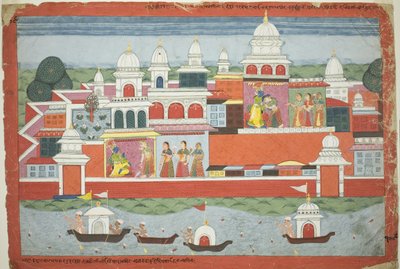 Rukmini ber Krishna om tillåtelse att besöka sin bror Rukma, sida från ett manuskript till Bhagavata Purana som har spridits av Unknown artist