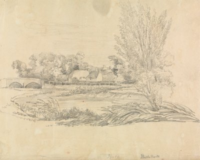 Lantligt landskap med bro och stugor av Unknown artist