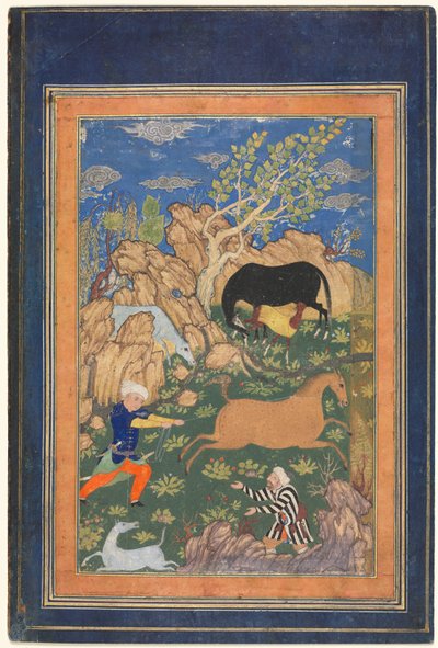 Rustam Lassoing his Horse, Rakhsh, in a Landscape (recto) av Unknown artist