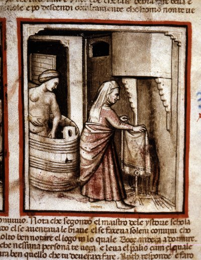 Ruth gör sin toalett med hjälp av sin svärmor Noemi (Naomi, Noemie) innan hon sover i sin man Boaz (Booz) säng. Ruts bok. Miniatyr från codex 212 (eller padovano codice eller Bible of Padua) 1390-1400 Rovigo, Accademia dei Concordi av Unknown artist
