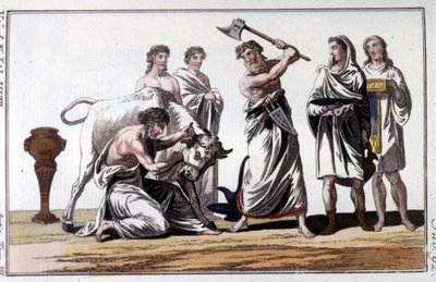 Offer av en tjur bland kelterna. 1800-talsgravyr. av Unknown artist