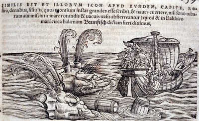 Sjömän kastar tunnor i havet för att distrahera monster i jakten. Gravyr i "Historia Animalium" av Conrad Gesner (1516-1565), Tiguri av Unknown artist