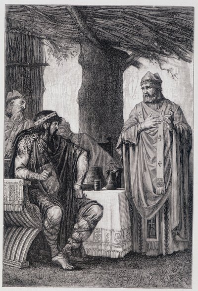 Saint Gregoire of Tours (538-594) mot Chilperic I (539-584) kung av Neustrien. av Unknown artist