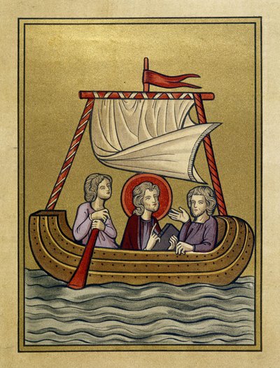 Saint Paul, Saint Sylvain (eller Silas) och Saint Timothy på en båt - från miniatyr av Unknown artist