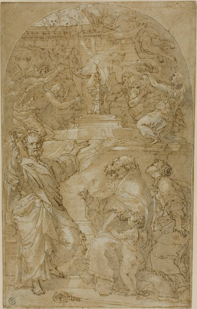 Sankt Peter, Sankt Augustinus och en kvinnlig helgon i tillbedjan av nattvarden av Unknown artist