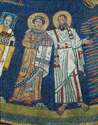 Saint Praxede (Prassede) och Saint Paul Detail. Anonym mosaik omkring 830. Triumfbåge i basilikan Santa Prassede, Rom av Unknown artist
