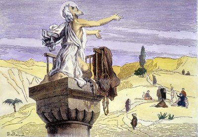 Saint Simeon stiliten predikar på en kolumn. av Unknown artist