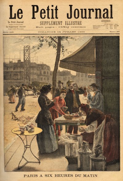 Försäljare av soppa och mjölkkaffe, hålls under cocheres dörrar kl. 06.00 för utomhusfrukost för parisiska arbetare. Gravyr i "" Le petit journal"" 1895-07-14. Selvas samling. av Unknown artist