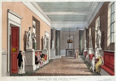 Salong som leder till de privata stugorna på teatern i Covent Garden. Gravyr från 1809. Paris, Dekorativ konst av Unknown artist