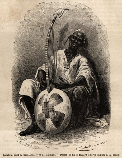 Sambou, griot från Niantanso (Mali) (Malinke-typ: västafrikanskt språk (Guinee, Senegal, Mali och Elfenbenskusten), poet, musiker, historiker och berättare, griot är förvaringsinstitutet för ett folks kollektiva minne. Gravyr för att illustrera historien av Unknown artist