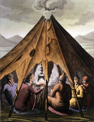 Samer: Ursprungsbefolkningen som bor i de nordliga ländernas länder (Norge, Finland, Sverige och Ryssland) samlas kring en eld under ett tält. Gravyr av 1800-talet av Unknown artist