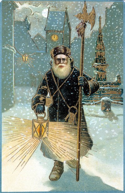 Jultomten i natten med lykta. 1800-talsvykort. av Unknown artist