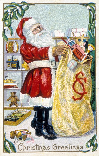 Jultomten förbereder presenter - julkort. Amerikanskt gratulationskort sd. sent 1800-tal. av Unknown artist