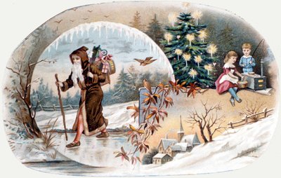 Tomten kommer med presenter till barnen. kromolitografi från slutet av 1800-talet. av Unknown artist