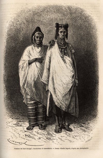 Sarakolesiska och Kassonkesiska kvinnor, befolkningar i övre Senegal, i traditionella kläder. Gravyr för att illustrera en kryssning på Afrikas kust, av viceamiral Fleuriot de Langle, 1868, publicerad i "" Le tour du monde""" 1872, redigerad av Edouard Cha av Unknown artist