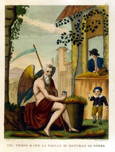 Ordspråk: "" Med tid och halm kantar neflen och ekollonen"" (tiden gör allt grumligt), Illustration från en samling ordspråk. 1800-talet av Unknown artist