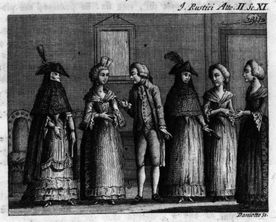 Scen 11 i akt II av det komiska stycket "" I rustici"" (Les rustres) (1760) av Carlo Goldoni (1707-1793). Gravyr av 1700-talet av Unknown artist