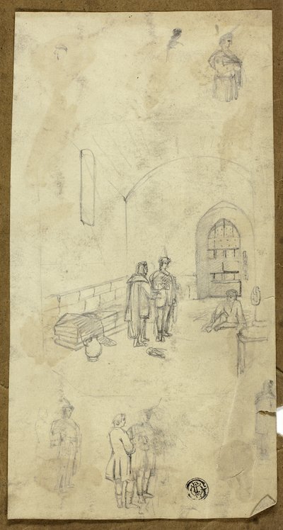 Scen i fängelsecell med skisser av andra figurer av Unknown artist