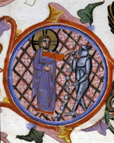 Scen av exorcism. 1300-tals miniatyr. biblioteca Nazionale Braidense. Milano av Unknown artist