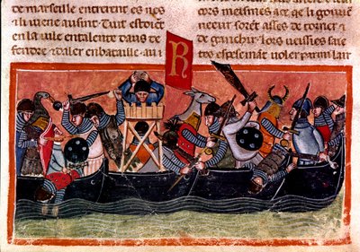 Scen för sjöstrid Miniatyr från en fransk kodex på pergament "Fakta om romarna"" som berättar om den antika historien fram till Jules Cesar (101 f.Kr.-44 f.Kr.). 1200-talets Venedig, biblioteca Marciana av Unknown artist