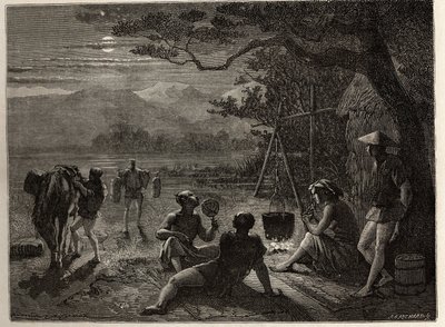 Scen för resten av landet, i månskenet, mattor rests på marken efter arbetsdagen. Gravyr för att illustrera resan till Japan 1863-1864, av Aime Humbert, minister för Schweiziska edsförbundet, i "Le tour du monde, nouveau journal des av Unknown artist