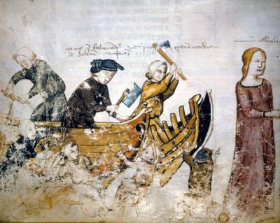 Scen för skeppsbyggnad på 1200-talet. av Unknown artist