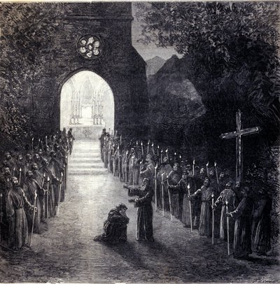 Scenografi för den sista scenen i akt II för operan "La forza del destino" (Ödets kraft) av den italienske kompositören Giuseppe Verdi (1813-1901) för föreställningen på Parisoperan av Unknown artist