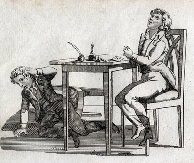 Skolelever har ett bord med inkcrib. Gravyr sent 1700-tal. Privat samling. av Unknown artist