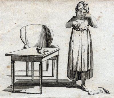Skolflicka som vill göra sina läxor. Gravyr sent 1700-tal. Privat samling. av Unknown artist