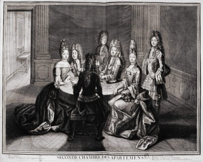 Lägenheternas andra rum (Versailles): 1. Monsignor, 2. Madame Princess of Conty Dowager, 3. Monsieur le Duke de Bourbon, 4. Madame hertiginnan av Bourbon, 5. Monsieur de Vandôme, Frankrikes storprior. Gravyr av Trouvain, tidigt 1700-tal av Unknown artist