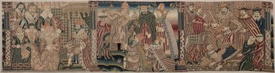 Avsnitt av en broderad fris: Ahasveros och Ester, påven som trampar på kejsaren, Henrik VIII trampar påvens hals av Unknown artist