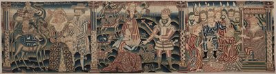 Avsnitt av en broderad fris: Rebecca möter Isak, Abigail möter David med en present, Salomos dom av Unknown artist